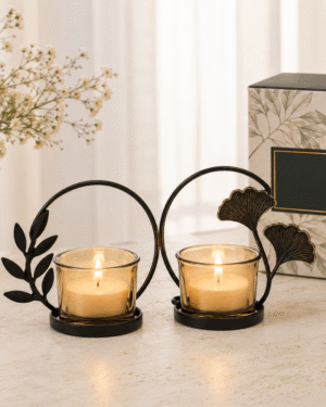 Elegant Black Leaf Candle Holder Gift Set – Set of 2